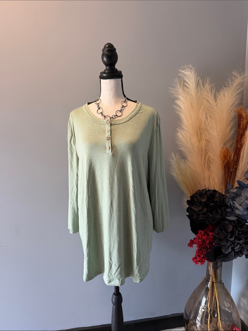 Women's Long Sleeve Henley Tunic - Sage Green